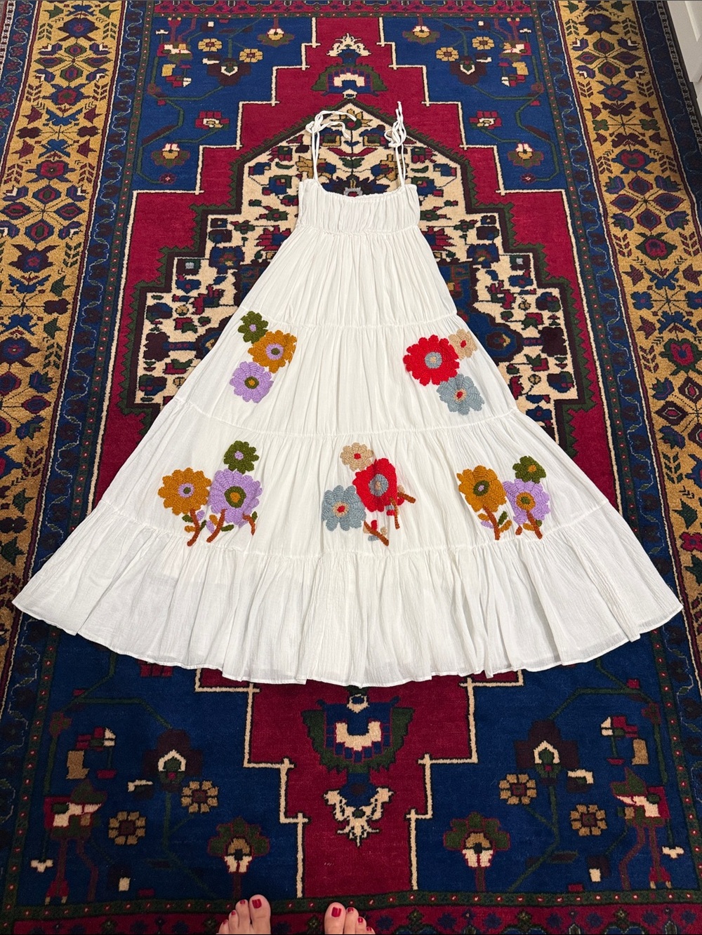 White Tiered Floral Embroidered Cotton Maxi Dress wt Adjustable Tie Straps